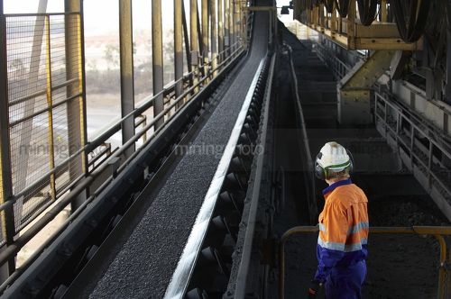 Mine worker in full PPE inside conveyor loader.  worker observing loaded conveyor delivering the product to a stockpile.  great 2 page spread with room for copy. - Mining Photo Stock Library