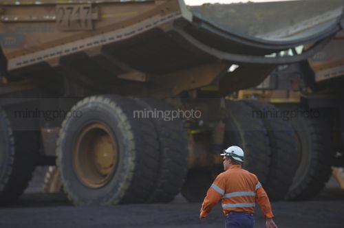 Haul truck drivers walking towards their truck for their shift at mine site. - Mining Photo Stock Library