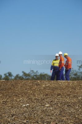 Three mine site workers in full PPE in discussion.    vertical shot. - Mining Photo Stock Library