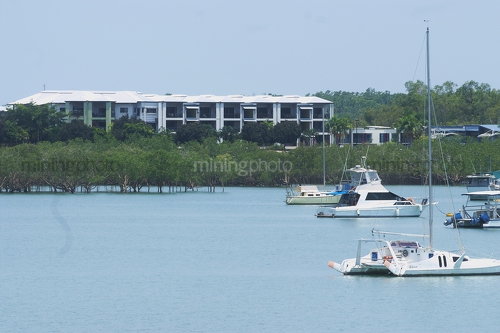 Vertical image of boats in harbour or a bay with mangroves and development behind - Mining Photo Stock Library