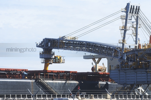Shiploader loading product into a ship.  close up of actual loading. - Mining Photo Stock Library