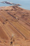 Mining Photo Stock Library - aerial vertical shot of many reclaimers working and loading iron ore onto conveyors.  ship and shipping port terminal in background with ocean. ( Weight: 1  New Image: NO)