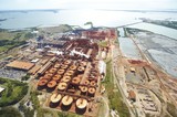 Mining Photo Stock Library - wide aerial photo of a bauxite alumina refinery.  clearly depicts wharf shipping and all areas of processing plant. ( Weight: 1  New Image: NO)