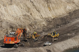 Mining Photo Stock Library - EX2500 excavator with 2 two dozers and light vehicle in open cut coal mine.  haul access road and mine water storage in shot. ( Weight: 1  New Image: NO)