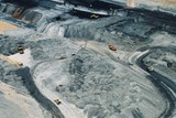Mining Photo Stock Library - wide aerial photo of open cut coal mine.  trucks and diggers, grader and dozer all working. ( Weight: 1  New Image: NO)