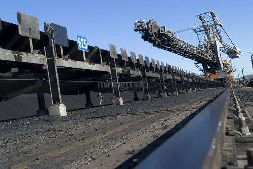 Coal reclaimer linked to ship loader conveyor. shot at track level. - Mining Photo Stock Library