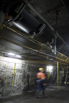 Underground coal mine worker walking under moving conveyor.  vertical shot. - Mining Photo Stock Library