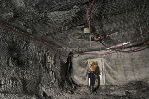 Underground coal miner inspecting doorway and back of room with ceiling mesh support above. - Mining Photo Stock Library