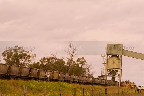 Coal being loaded into roadside rail carriages by conveyor and hopper. - Mining Photo Stock Library