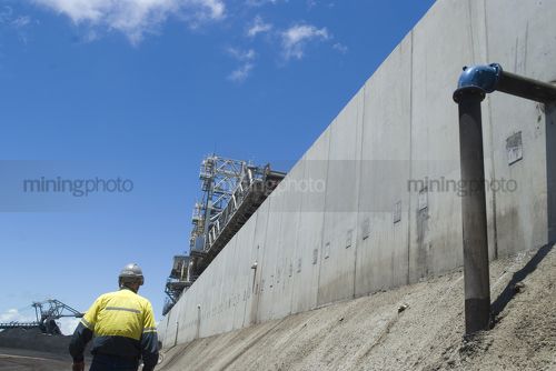 Coal terminal worker walking through stockpiles next to pre cast concrete bunding.  shot from behind. - Mining Photo Stock Library