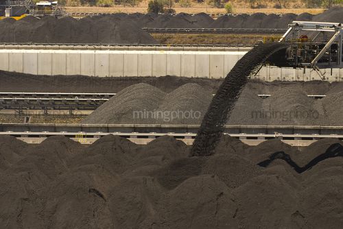 Close up of coal falling off a conveyor and being stockpiled.  lots of stockpiles in background.  great generic coal production image. - Mining Photo Stock Library
