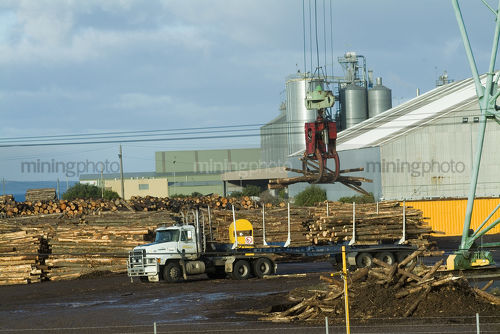 Crane loading logs onto trailer in factory yard - Mining Photo Stock Library