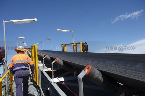 Mine worker in full PPE on walkway adjacent to new coal conveyor.  blue sky beyond. - Mining Photo Stock Library