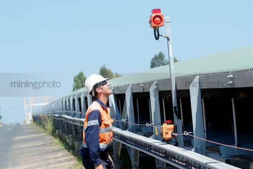 Mine worker in full PPE observing overland coal conveyor - Mining Photo Stock Library