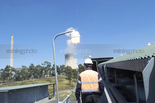 Mine worker in full PPE on walkway inspecting covered coal conveyor.  Power Station in background.  full blue sky overhead. - Mining Photo Stock Library