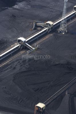 Close up aerial photo of tractors stockpiling coal at shipping terminal.  conveyor working above to spread coal. vertical image. - Mining Photo Stock Library