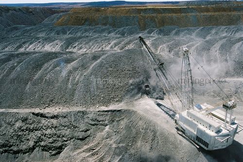 Aerial photo of dragline moving overburden in open cut coal mine.  Great midden patterns. Good for two page spread with copy on left hand page. - Mining Photo Stock Library