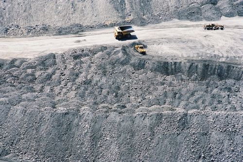 Aerial photo of haul road at dump site in open cut coal mine. - Mining Photo Stock Library