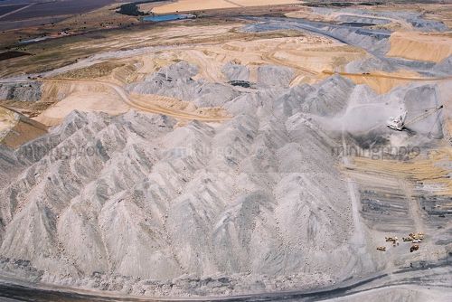 Dragline working in open cut coal mine.  great wide aerial photo showing overburden stockpiles. - Mining Photo Stock Library