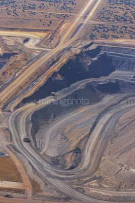 High aerial vertical image of open cut coal mine.  high walls and mine operations clearly seen. - Mining Photo Stock Library