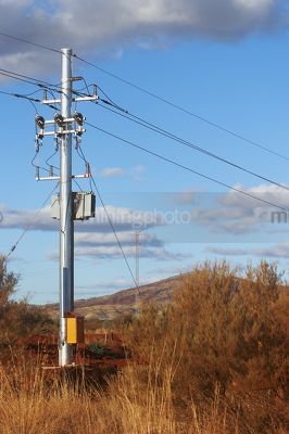 Remote electricity pole carrying power overland to mine site.  shot in early morning light. - Mining Photo Stock Library