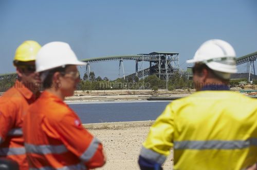 Three workers in full PPE in discussion with coal conveyors in background.  workers out of focus in foreground. - Mining Photo Stock Library
