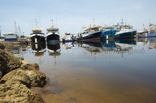 Fishing trawler boats moored in a clean water harbour.  photo taken at water level with blue sky behind. - Mining Photo Stock Library