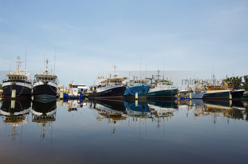 Fishing trawler boats moored in a clean water harbour.  photo taken at water level with blue sky behind. - Mining Photo Stock Library