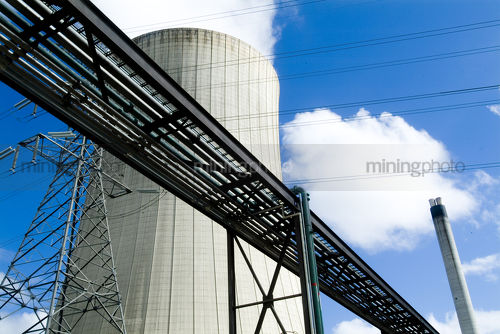 Cooling and transformer tower with cable rack at power station - Mining Photo Stock Library