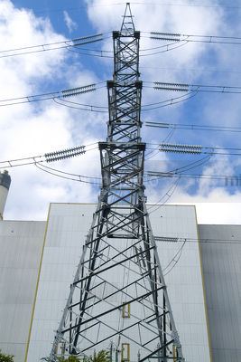 Transformer tower with electricity cables at Power Station. - Mining Photo Stock Library