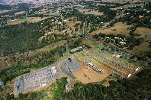 Aerial of electricity substation for rural town - Mining Photo Stock Library