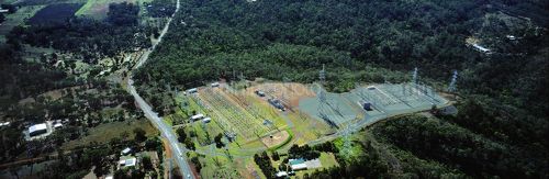 Panorama of rural electrical power substation supply - Mining Photo Stock Library