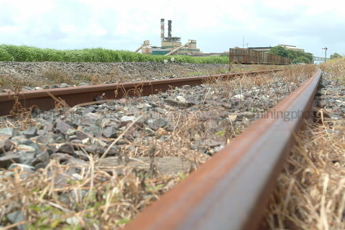 Industry rail track shot at ground level with sugar cane mill in background. - Mining Photo Stock Library