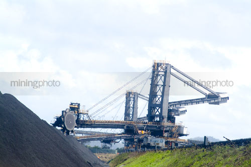 Coal reclaimer and loader working stockpiled coal at ship terminal - Mining Photo Stock Library