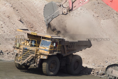 Haul truck being loaded by excavator. shot from slightly above. - Mining Photo Stock Library