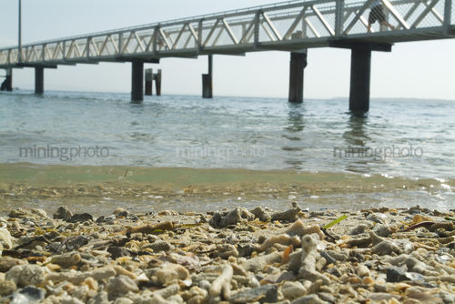 Pedestrian jetty out to passenger ferry terminal over ocean.  shot from water level with shells on the beach in the foreground. - Mining Photo Stock Library