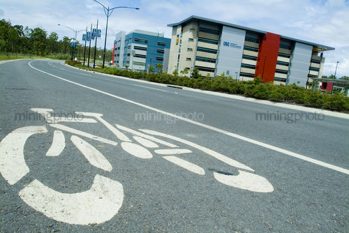 Painted bike lane on road with university in the background. shot at ground level. - Mining Photo Stock Library