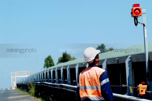 Mine worker checking over covered coal conveyor. disappears into infinity in background. worker shot from behind. - Mining Photo Stock Library
