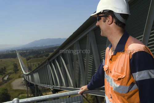 Worker in PPE looking along covered conveyor into distance. shot from the side. plenty of room for text. - Mining Photo Stock Library