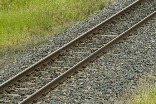 Rail track close up. aerial shot. - Mining Photo Stock Library