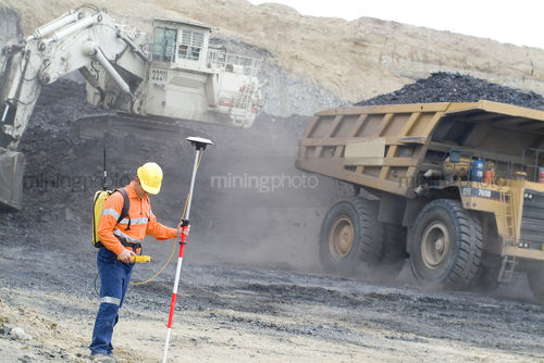 Close up of mine surveyor in full PPE with gear on open cut coal mine floor with excavator and loaded haul truck operating in background. - Mining Photo Stock Library