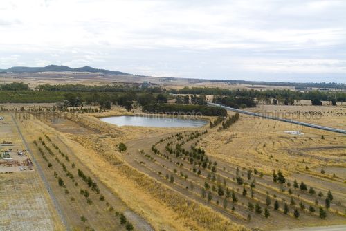 Covered coal conveyor in background with small lake and open cut rehabilitation planting in foreground. aerial shot. - Mining Photo Stock Library