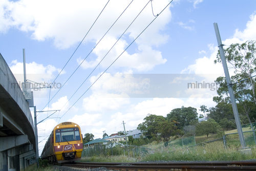 Light rail train traveling towards the camera. - Mining Photo Stock Library