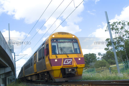 Light rail train traveling towards the camera. - Mining Photo Stock Library