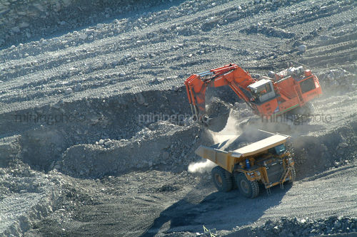 Excavator loading haul truck with overburden on open cut mine site. aerial shot - Mining Photo Stock Library