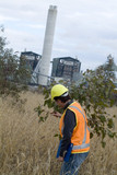 Mining Photo Stock Library - mine environmental worker checking growth of tree planting in field adjacent to power station. vertical shot. ( Weight: 3  New Image: NO)