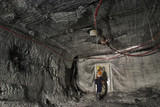Mining Photo Stock Library - underground coal miner inspecting doorway and back of room with ceiling mesh support above. ( Weight: 4  New Image: NO)