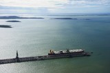 Mining Photo Stock Library - wide aerial shot of coal ship being loaded at wharf.  lots of islands in background ( Weight: 1  New Image: NO)