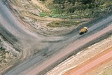 Mining Photo Stock Library - loaded haul truck on haul access road in open cut coal mine.  aerial photo. ( Weight: 1  New Image: NO)